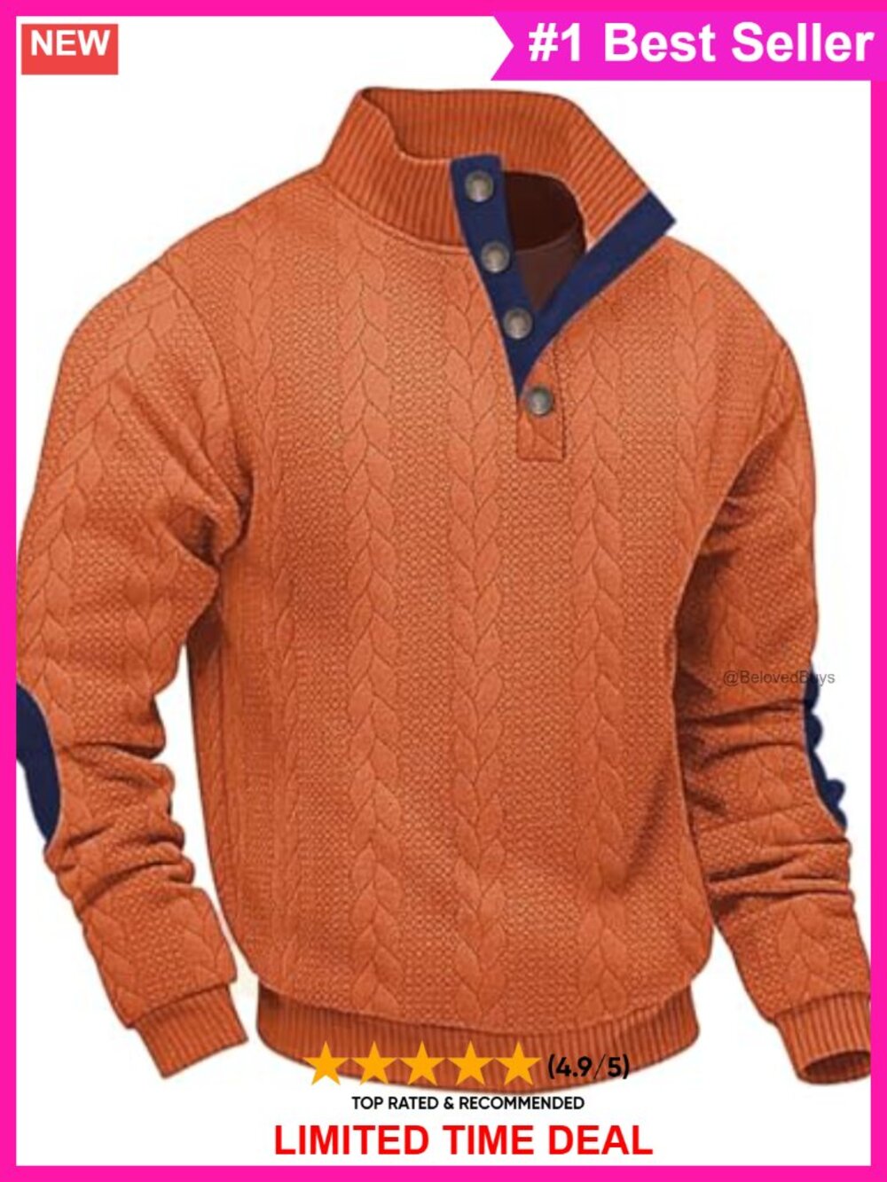 Men's Cable Knit Pullover Sweater Quarter Button Stand Collar Long Sleeve